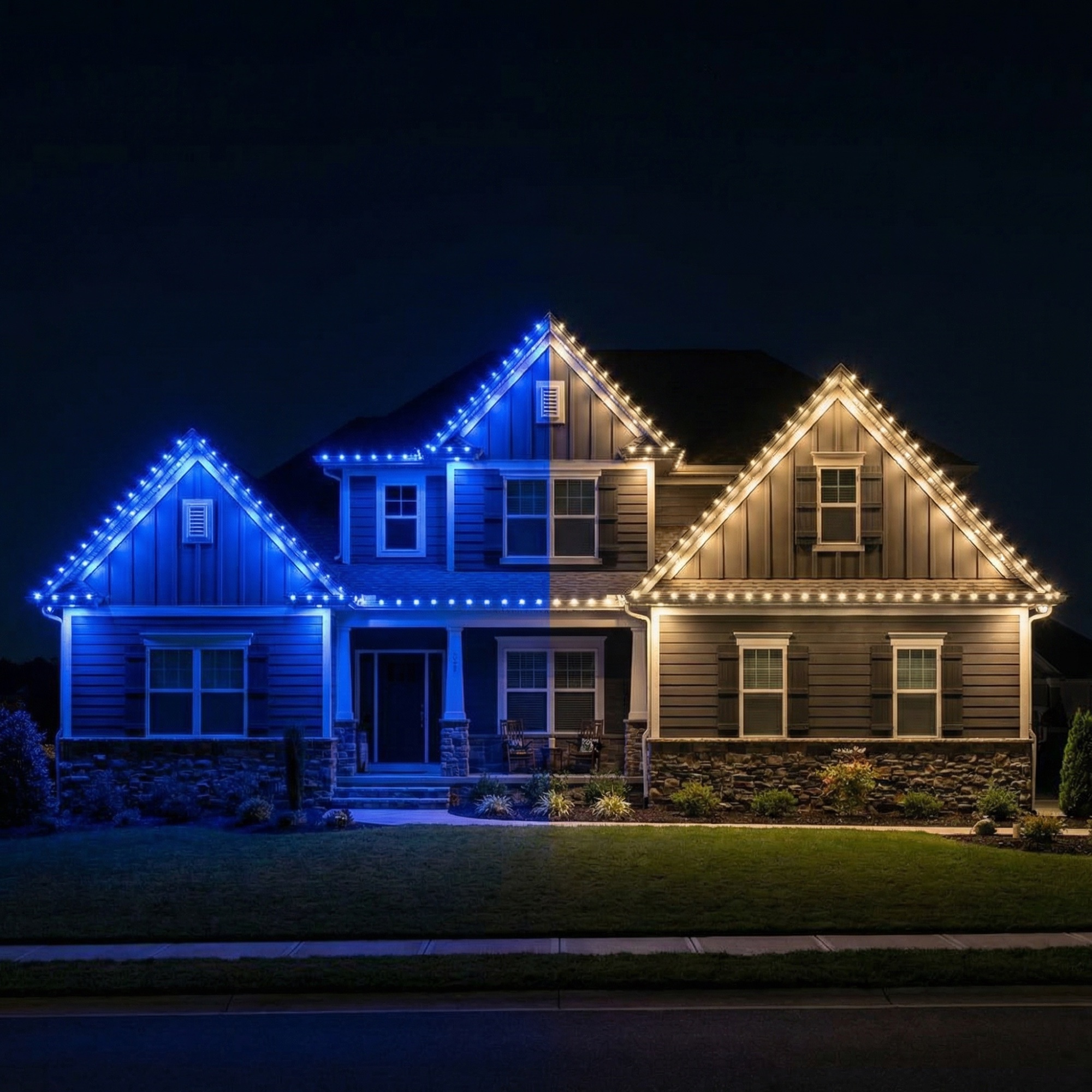 Same home with different light colors - blue and warm white