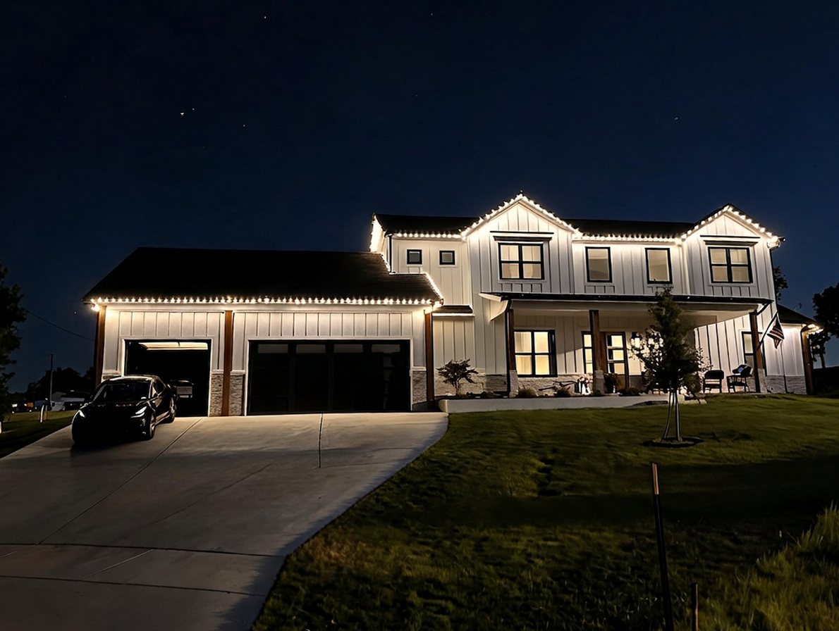 The same home at night with permanent white roofline lighting